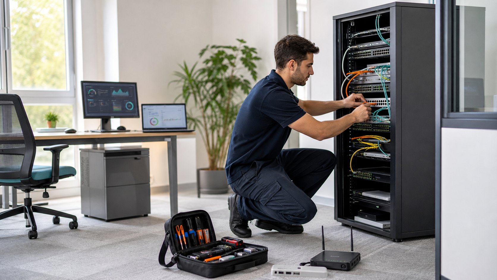 Técnico realizando mantenimiento e instalaciones para una empresa en Madrid
