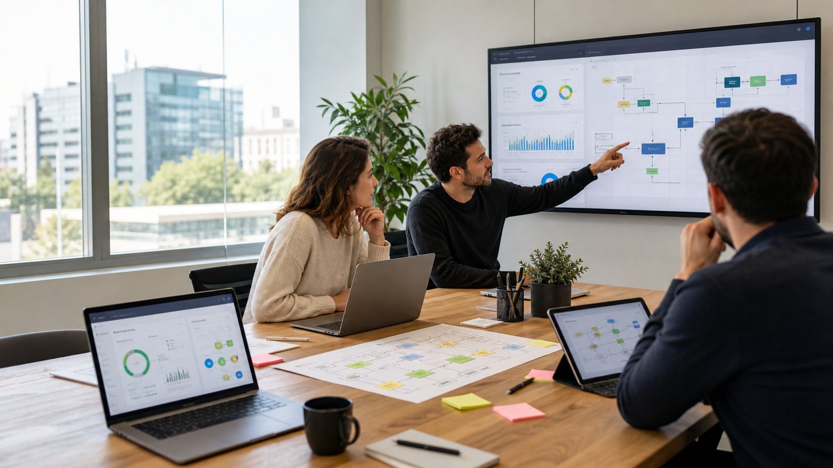 Equipo revisando CRM, automatizaciones y cuadros de seguimiento para una empresa