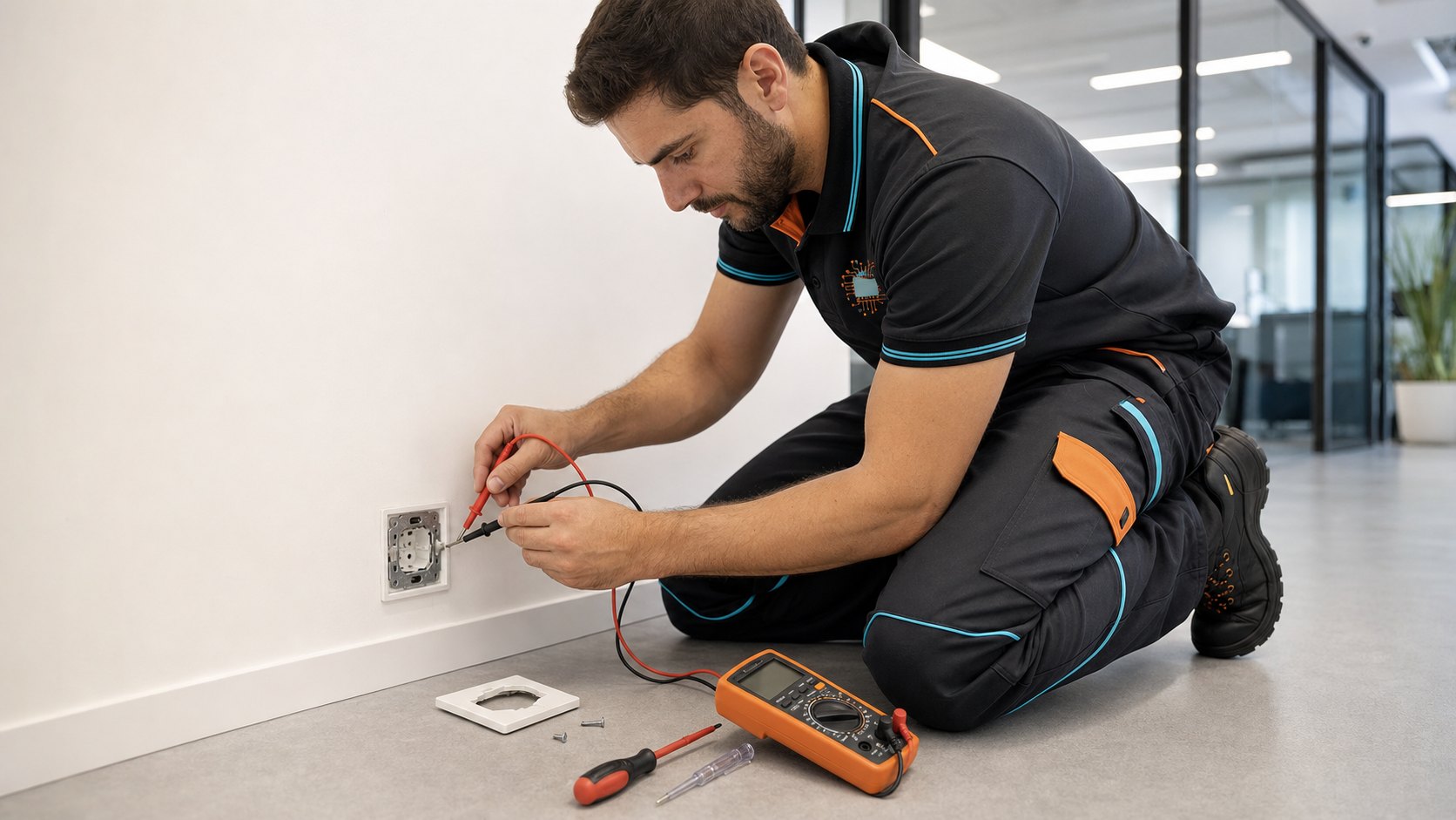 Técnico electricista midiendo un enchufe desmontado en Madrid