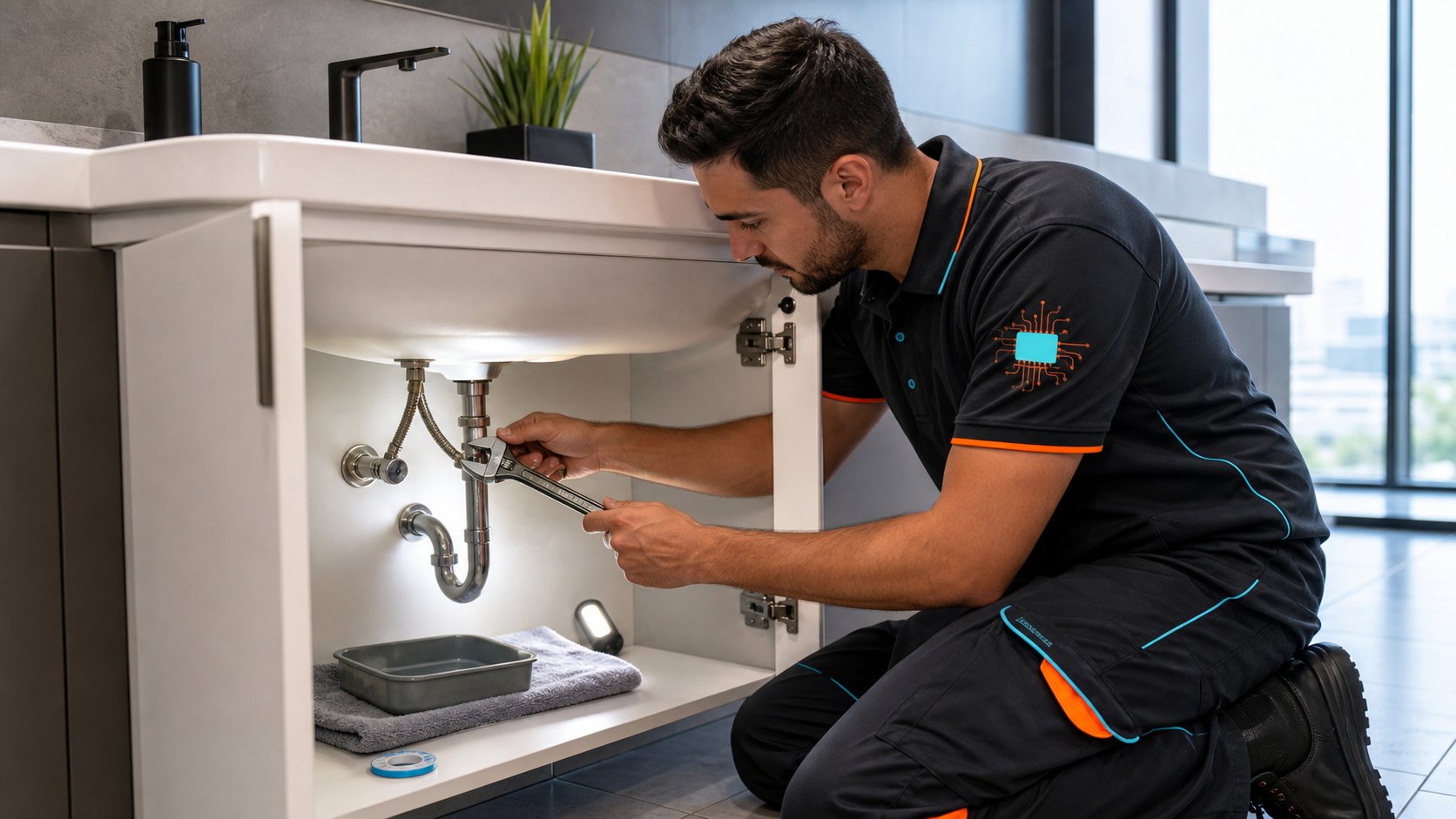 Técnico de fontanería revisando una conexión bajo lavabo en Madrid