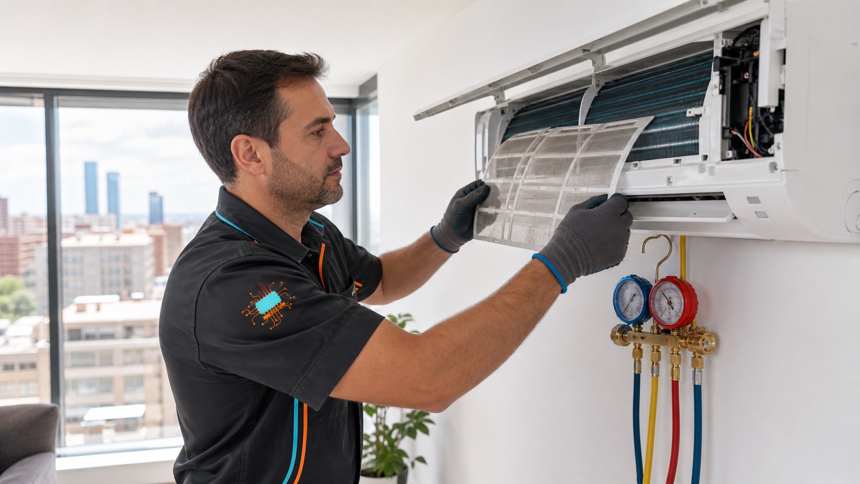 Técnico de Soluciones Tech Care limpiando filtros de aire acondicionado en Madrid