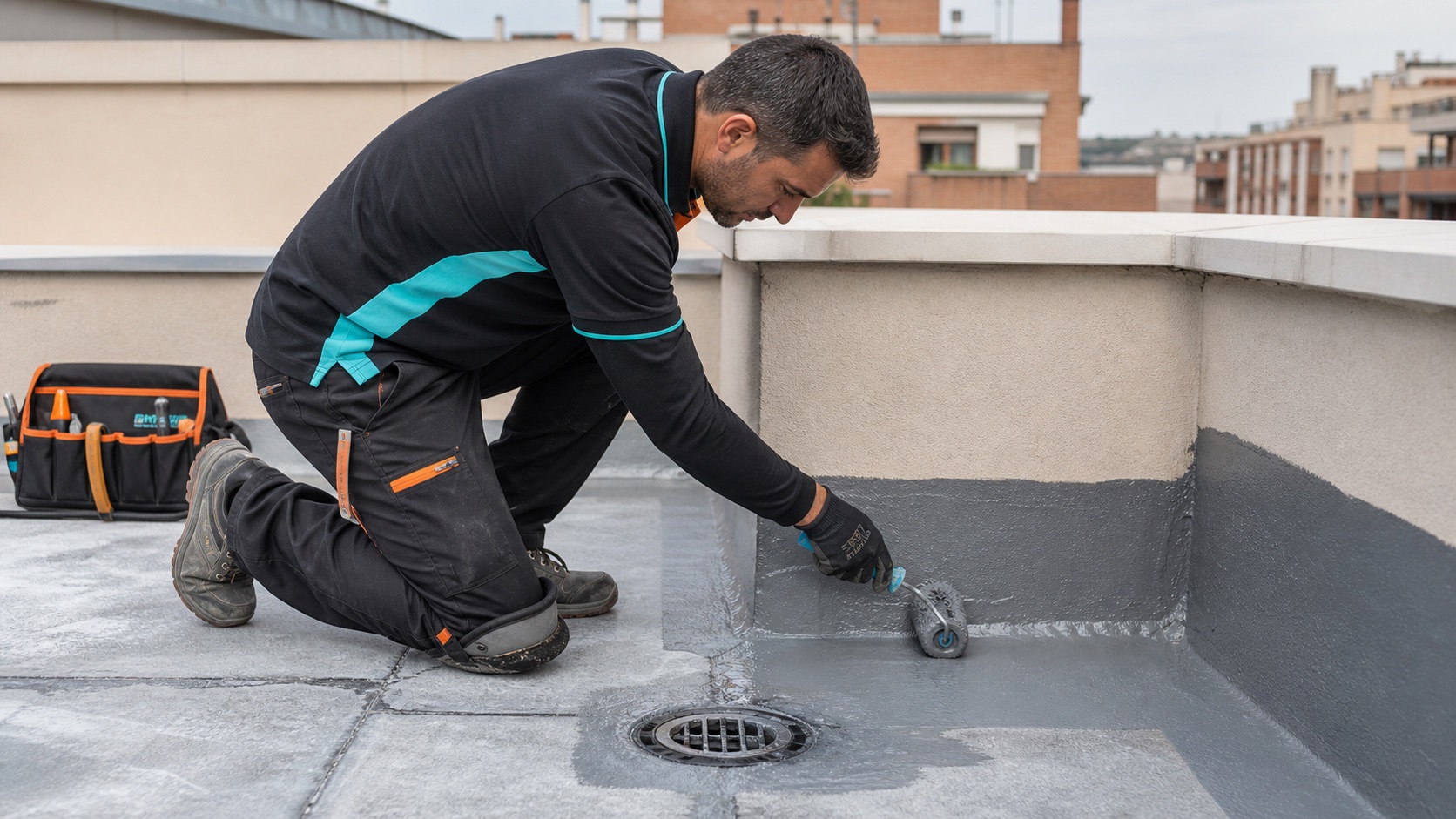 Técnico aplicando impermeabilización en una terraza de Madrid