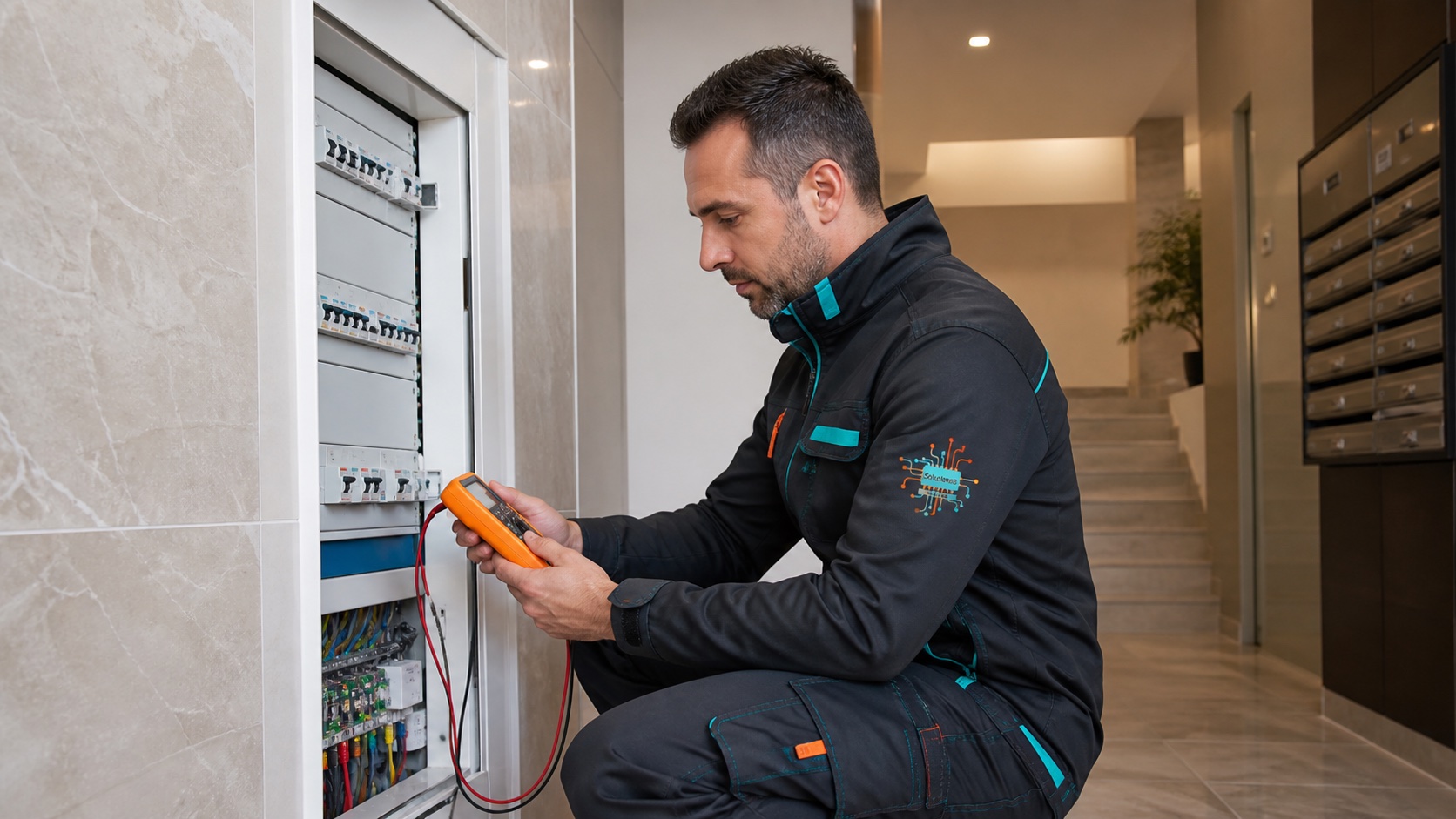 Técnico revisando cuadro eléctrico de comunidad en Madrid
