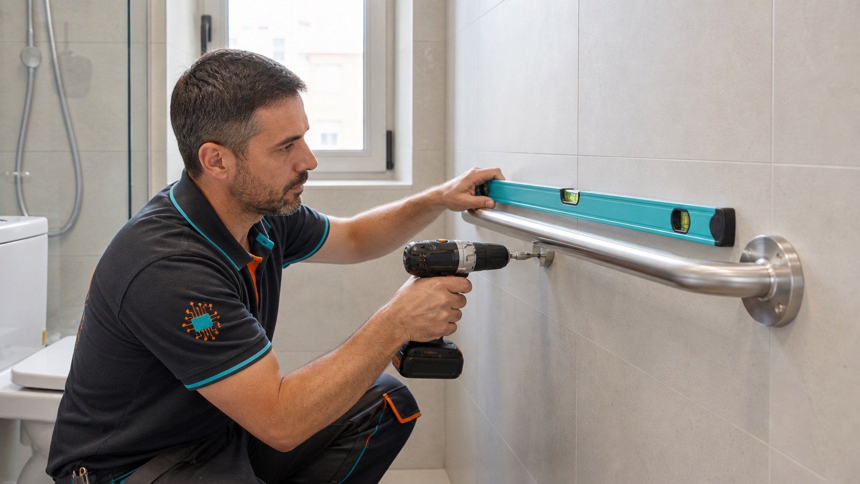 Técnico instalando barra de apoyo en baño accesible en Madrid